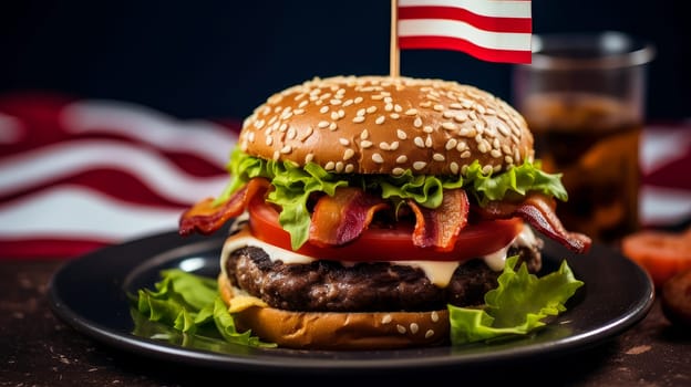 A big, tasty burger on a plate in a patriotic cafe, with an American flag in the background, not healthy food. American President's Day, USA Independence Day, American flag colors background, 4 July, February holiday, stars and stripes, red and blue