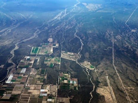 An Aerial view of farmed field near la paz airport before landing in Baja California Sur, Mexico