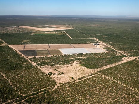 An Aerial view of farmed field near la paz airport before landing in Baja California Sur, Mexico