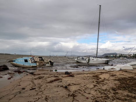Many yacht stranded on the malecon of La Paz after the passage of Hurricane Norma on October 2023 Baja California Sur