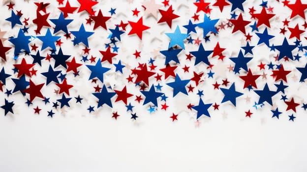 Star confetti in the colors of the United States of America flag on a white background. American President's Day, USA Independence Day, American flag colors background, 4 July, February holiday, stars and stripes, red and blue