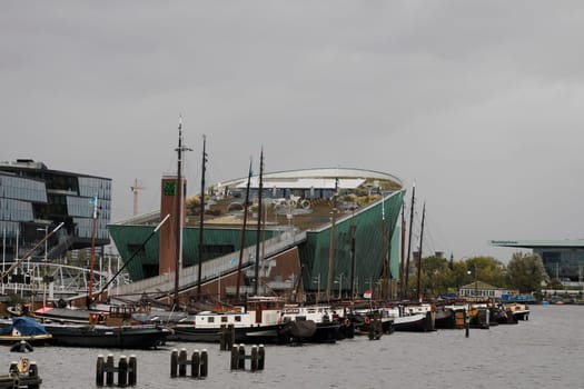 amsterdam: maritime museum and cityscape on rainy day