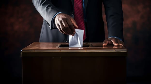 A man puts a ballot into the ballot box voting in the election. Awareness, decision making, choice