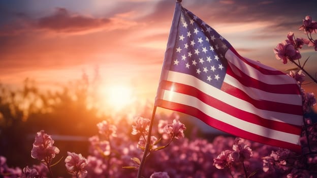 The flag of the United States America flutters in nature against the backdrop of the setting sun in pink rays. American President's Day, USA Independence Day, American flag colors background, 4 July, February holiday, stars and stripes, red and blue