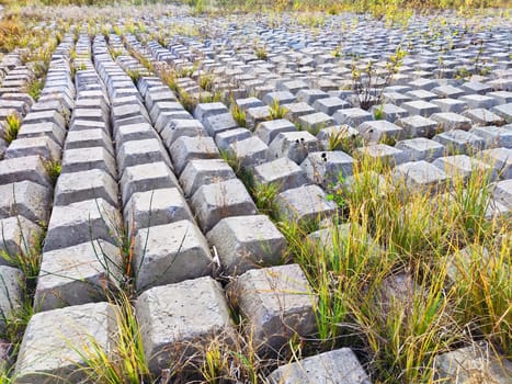 Rows of concrete cubes or rectangles on the bank of river with grass. Breakwaters, protection from water in nature. Background, texture, location