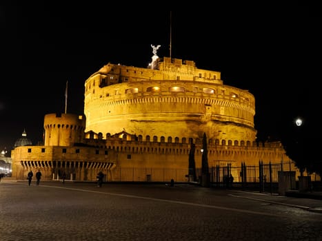 Night view of Castel Sant'Angelo in Rome, Italy. Castle of the Holy Angel. Roman architecture and landmarks
