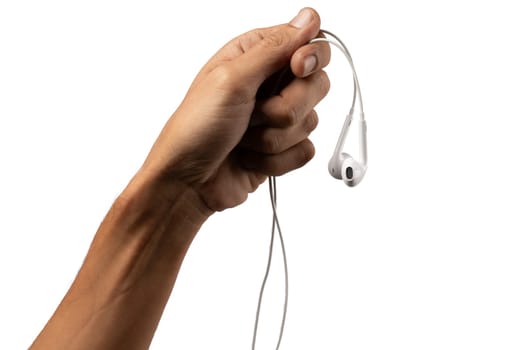 black male hand holding headphones isolated no background
