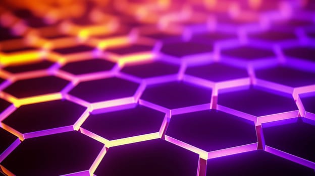 Abstract background with black glowing honeycomb hexagons and purple backlight in futuristic style