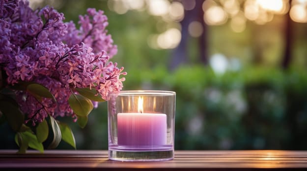 A burning candle and lilac flowers against the background of a garden. Banner with copy space. Self care and aromatherapy concept. High quality photo