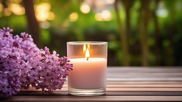 A burning candle and lilac flowers against the background of a garden. Banner with copy space. Self care and aromatherapy concept. High quality photo