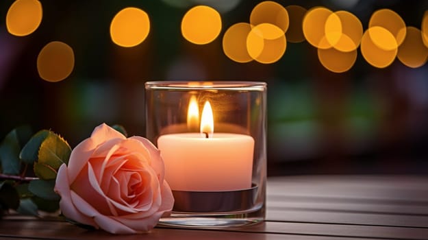 A burning candle and rose flowers against the background of a garden. Banner with copy space. Self care and aromatherapy concept. High quality photo