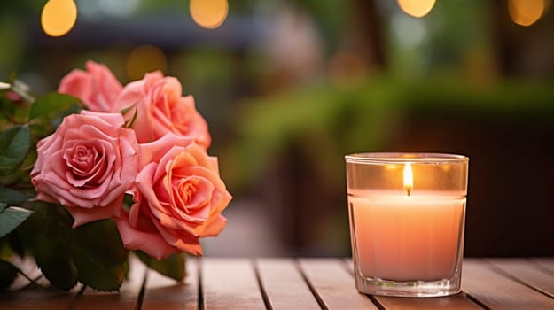 A burning candle and rose flowers against the background of a garden. Banner with copy space. Self care and aromatherapy concept. High quality photo