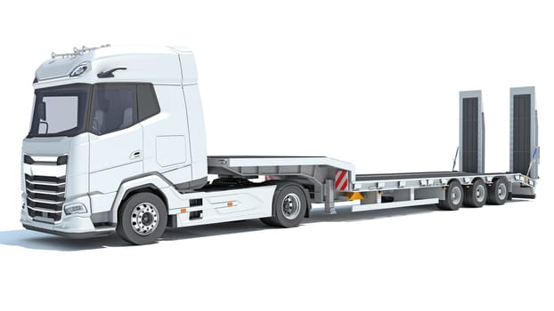 Truck with Lowboy Flatbed Trailer 3D rendering