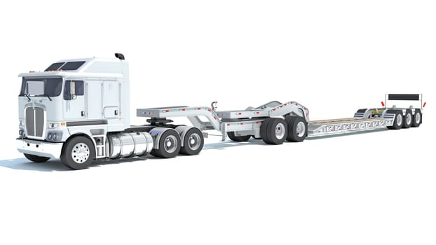 Truck with Lowboy Flatbed Trailer 3D rendering