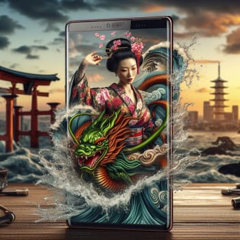 traditional asian woman wear kimono silky dress dance with dragon in chinese new year, background shanghai city skyline come out of phone screen on a desk