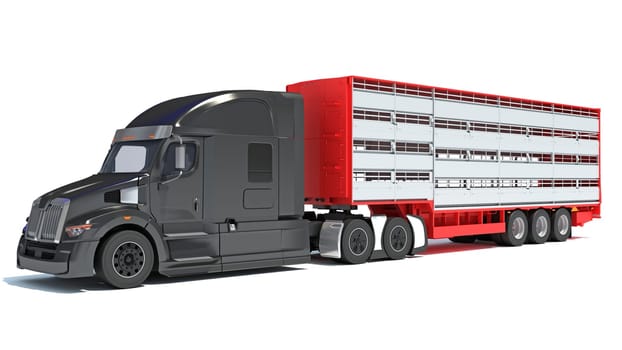 Truck with Cattle Animal Transporter Trailer 3D rendering