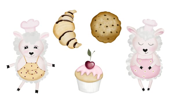 Pastry chefs sheep cute watercolor bakery set. Lamb animal with cookies, croissant and cupcake. Broom and rolling pin kitchen utensils. Isolates for the design of children's cards and postcards. High quality illustration