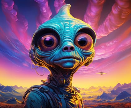 Portrait of a cartoon alien humanoid with big eyes on a colourful otherworldly background in psychedelic pop art style. Template for print, sticker, poster, etc.