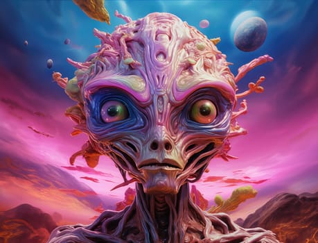 Portrait of a cartoon alien humanoid with big eyes on a colourful otherworldly background in psychedelic pop art style. Template for print, sticker, poster, etc.