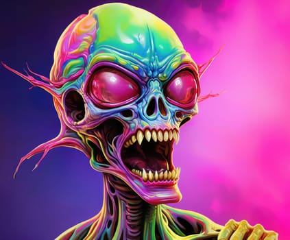 Portrait of a cartoon alien humanoid with big eyes on a colourful otherworldly background in psychedelic pop art style. Template for print, sticker, poster, etc.