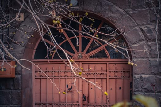 Old vintage wooden rustic front door cityscape photo. Young branches, stems in springtime. District of European town. High quality picture for wallpaper