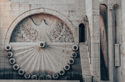 Modern fountain with the peacock ethnic motives sculpture concept photo. Yerevan cascade giant stairway architecture. One of the sightseeing of caucasus city. High quality picture for wallpaper, travel blog