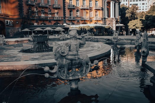 Old fountain with stone oriental statue of one of the streets of Yerevan. Magic country Armenia. District scene. High quality picture for magazine, article