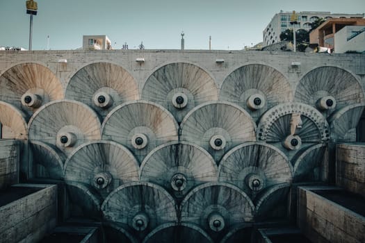 Yerevan cascade giant stairway architecture concept photo. One of the sightseeing of caucasus city. High quality picture for wallpaper, travel blog