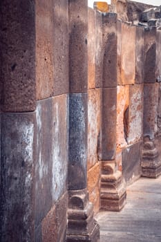 Ruins of an ancient Christian temple close up wall photo. Collapsed church. Zvartnos temple in Armenia. High quality picture for magazine, article