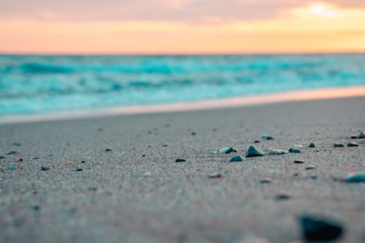 Relaxing Mediterranean beach summer panoramic photo. Waves surf with amazing blue sea shore, coastline. Beautiful bright beach, seaside. High quality picture for wallpaper, travel blog