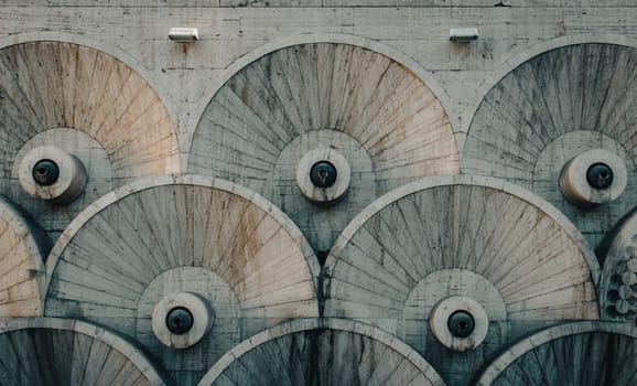 Modern fountain with the circular wheels form stones concept photo. Yerevan cascade giant stairway architecture. One of the sightseeing of caucasus city. High quality picture for wallpaper, travel blog