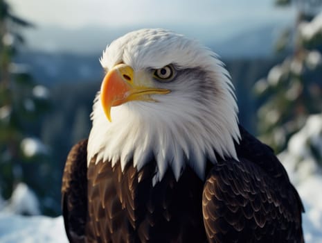 American Bald Eagle in natural habitat among cliffs, forests and rivers. Bald eagle is the national symbol of the United States.