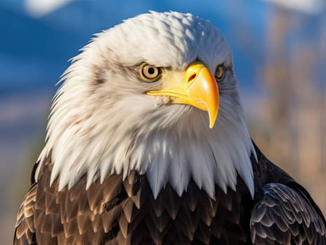 American Bald Eagle in natural habitat among cliffs, forests and rivers. Bald eagle is the national symbol of the United States.