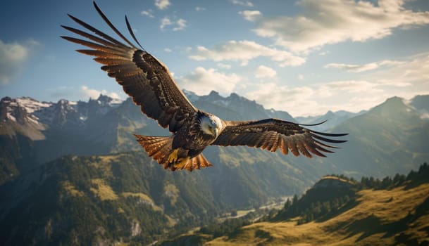 American Bald Eagle in natural habitat among cliffs, forests and rivers. Bald eagle is the national symbol of the United States.