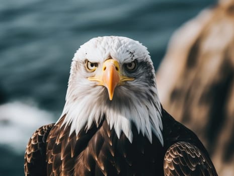 American Bald Eagle in natural habitat among nature background. Bald eagle is the national symbol of the United States.