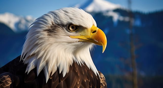 American Bald Eagle in natural habitat among nature background. Bald eagle is the national symbol of the United States.