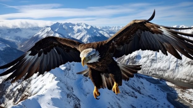 American bald eagle in flight over snow-covered mountains. Bald eagle is the national symbol of the United States.