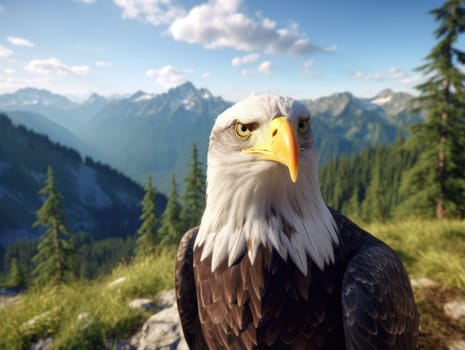 American Bald Eagle in natural habitat among nature background. Bald eagle is the national symbol of the United States.