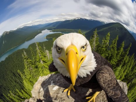 American Bald Eagle in natural habitat among cliffs, forests and rivers. Bald eagle is the national symbol of the United States.