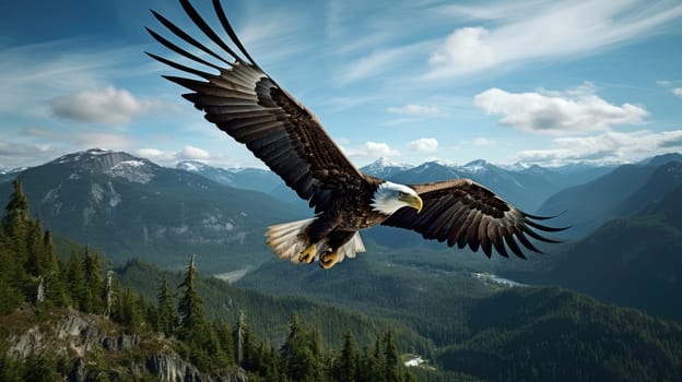 American Bald Eagle in natural habitat among cliffs, forests and rivers. Bald eagle is the national symbol of the United States.