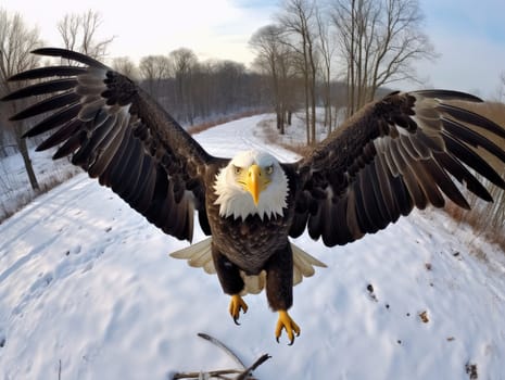 American Bald Eagle in natural habitat among cliffs, forests and rivers. Bald eagle is the national symbol of the United States.