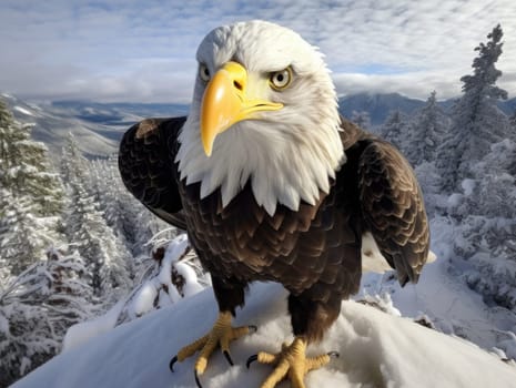 American Bald Eagle in natural habitat among cliffs, forests and rivers. Bald eagle is the national symbol of the United States.