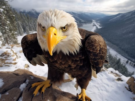 American Bald Eagle in natural habitat among cliffs, forests and rivers. Bald eagle is the national symbol of the United States.