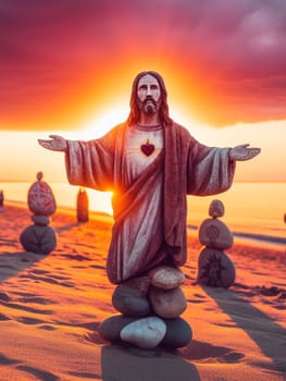 Sculpture of Jesus Christ made of pebbles at the beacj at sunset, asking for peace stop war concept ai generated
