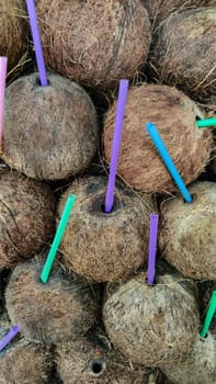 Coconut background with colorful plastic cocktail drinking tubes, vertical frame.