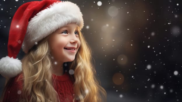 Cute little girl wearing red Santa hat and smiling. Christmas and New Year concept. Copy space