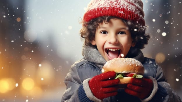 Cute little boy wearing red hat and eating burger outside. Christmas and New Year concept. Copy space