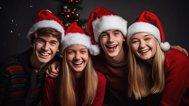 Happy teenagers wearing Santa Claus hat celebrating Christmas night together. Group of young people having new year party outside. Winter holidays concept.