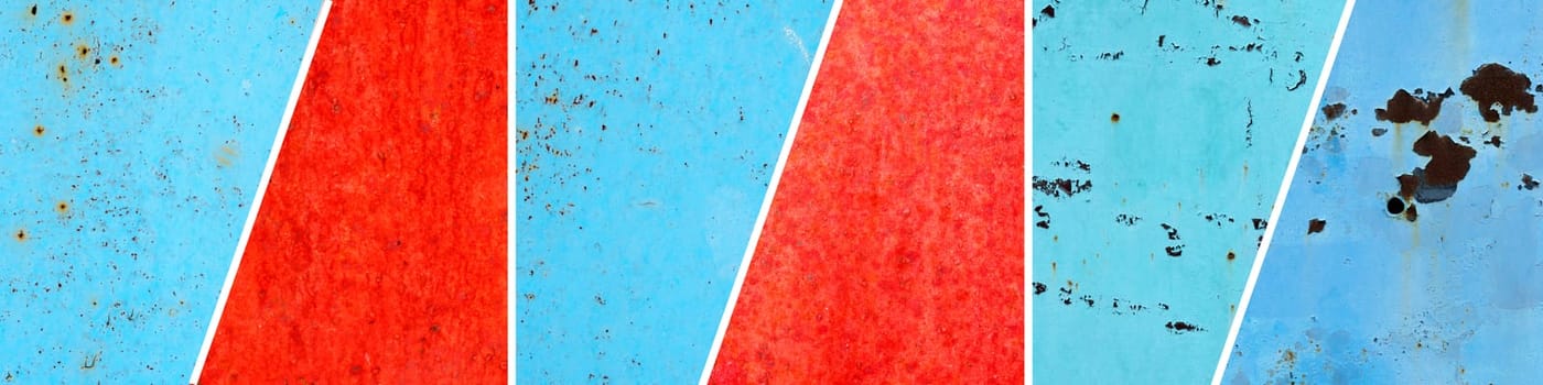 Red and blue metal surface with spots creating textured wall background, collage