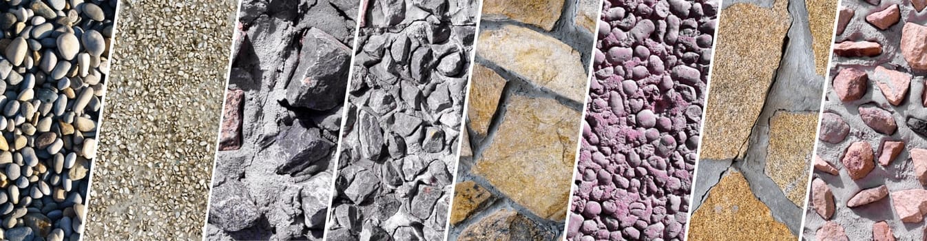 Stone wall with different stones. Texture, various natural stones, collage